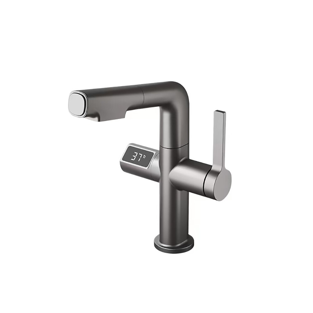 фото Смеситель для раковины с ЖК-дисплеем и выдвижной лейкой Permanence, серый