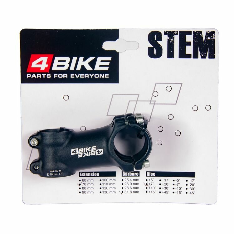 Вынос руля "4BIKE", алюминиевый, TDS-D507A, L:70, R:+7°, D:31.8мм, индивидуальная упаковка, чёрный