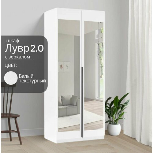 Шкаф распашной Лувр 2.0 с зеркалами, белый текстурный, 2-х дверный, с доводчиками, 80.1х50.6х221.6х см