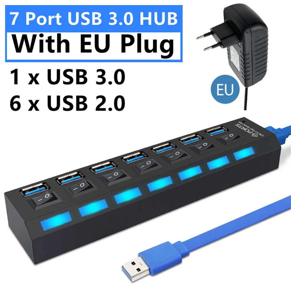 7-портовый USB хаб LccKaa 3.0 2.0, 7 Port With EU
