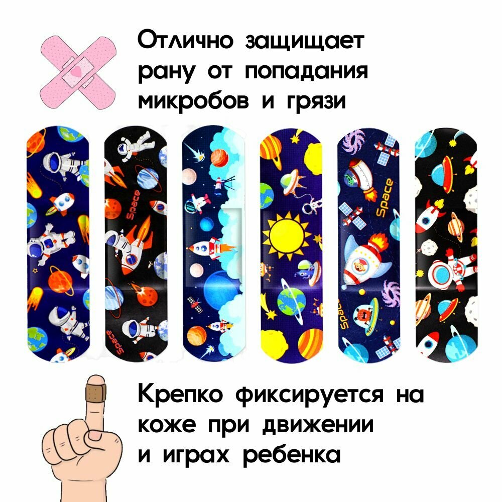 Картинки Пластырь детский бактерицидный с рисунком Космос. Набор №1. Размер 72х19 мм, 30 штук, лейкопластырь на полимерной основе.