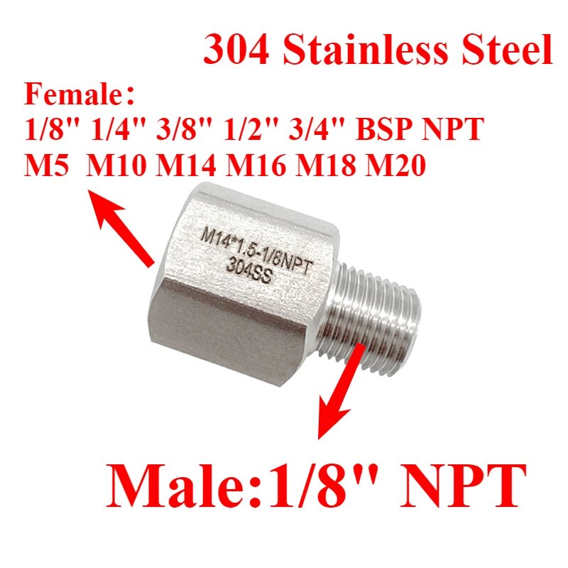 1/8 дюйма NPT «папа-мама» M5 10 14-20 1/8 дюйма 1/4 дюйма 3/8 дюйма 1/2 дюйма BSP NPT шестигранная втулка переходника из нержавеющей стали 304 фитинг высокого давления 1l8 NPT Male M14x1.5 Female Male to Female