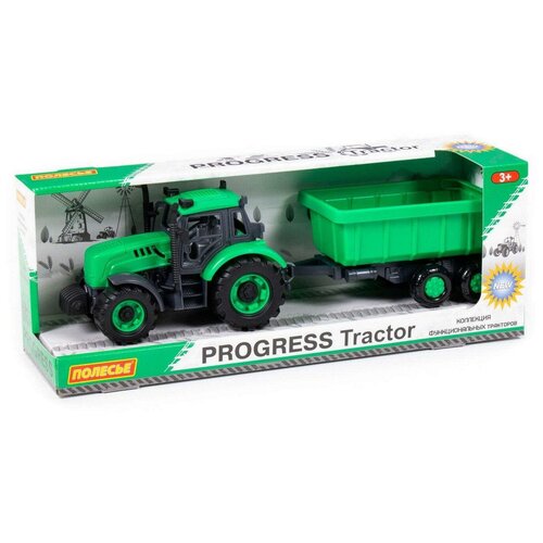 Трактор Полесье Прогресс с прицепом инерционный зелёный в коробке