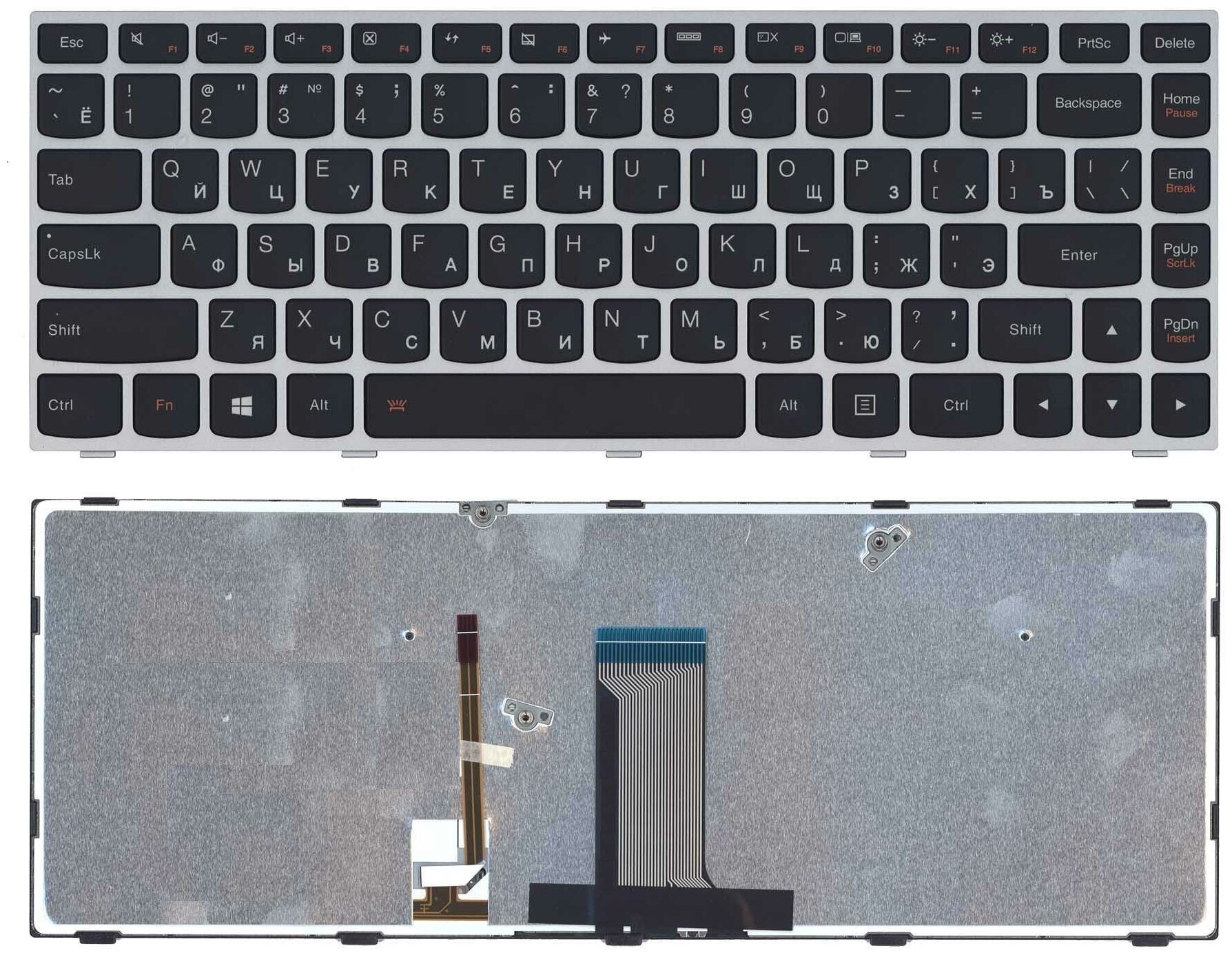 Клавиатура для ноутбука Lenovo Flex 2-14 G40-30 G40-70 черная с серебристой рамкой с подсветкой 1800₽