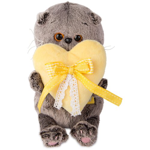 фото Мягкая игрушка basik&co кот басик baby с жёлтым сердечком, 20 см, серый