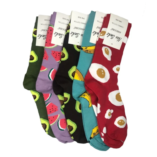 Носки женские с ярким принтом, 10 пар / комплект женских носков с принтом / женские длинные носки / носки с авокадо, яйцом, фруктами
