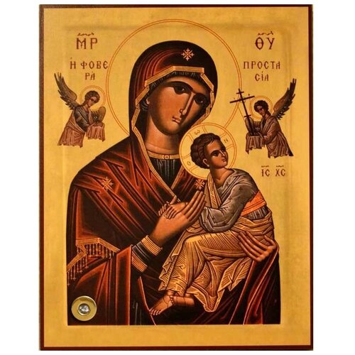 Страстная икона Божьей Матери на деревянной доске с мощевиком.