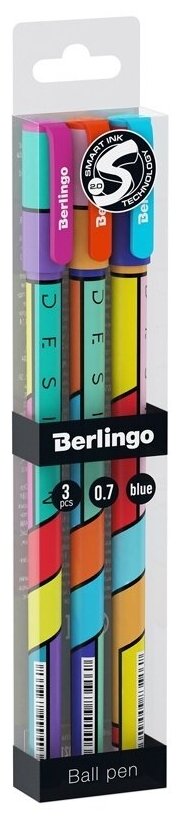 Ручка шариковая Berlingo Color Block синяя, 0,7 мм, рисунок на корпусе, 3 шт, PET-бокс с ЕП