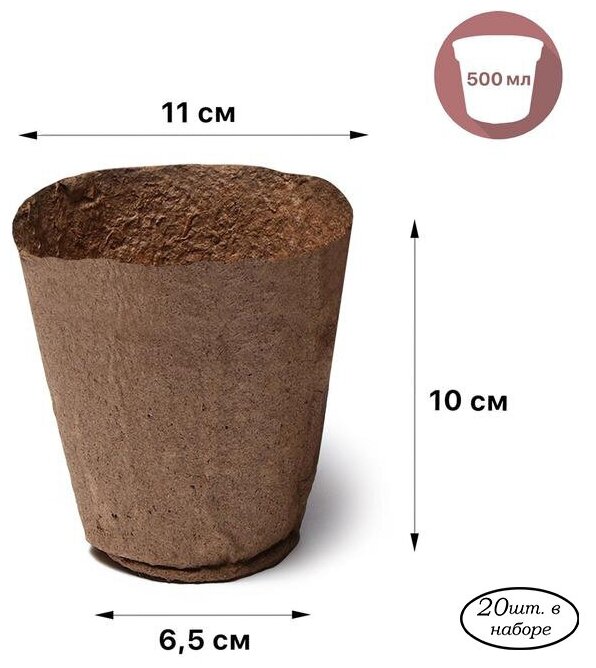 Торфяной горшок, 500 мл, 11 × 10 см, набор 20 шт., Greengo - фотография № 7