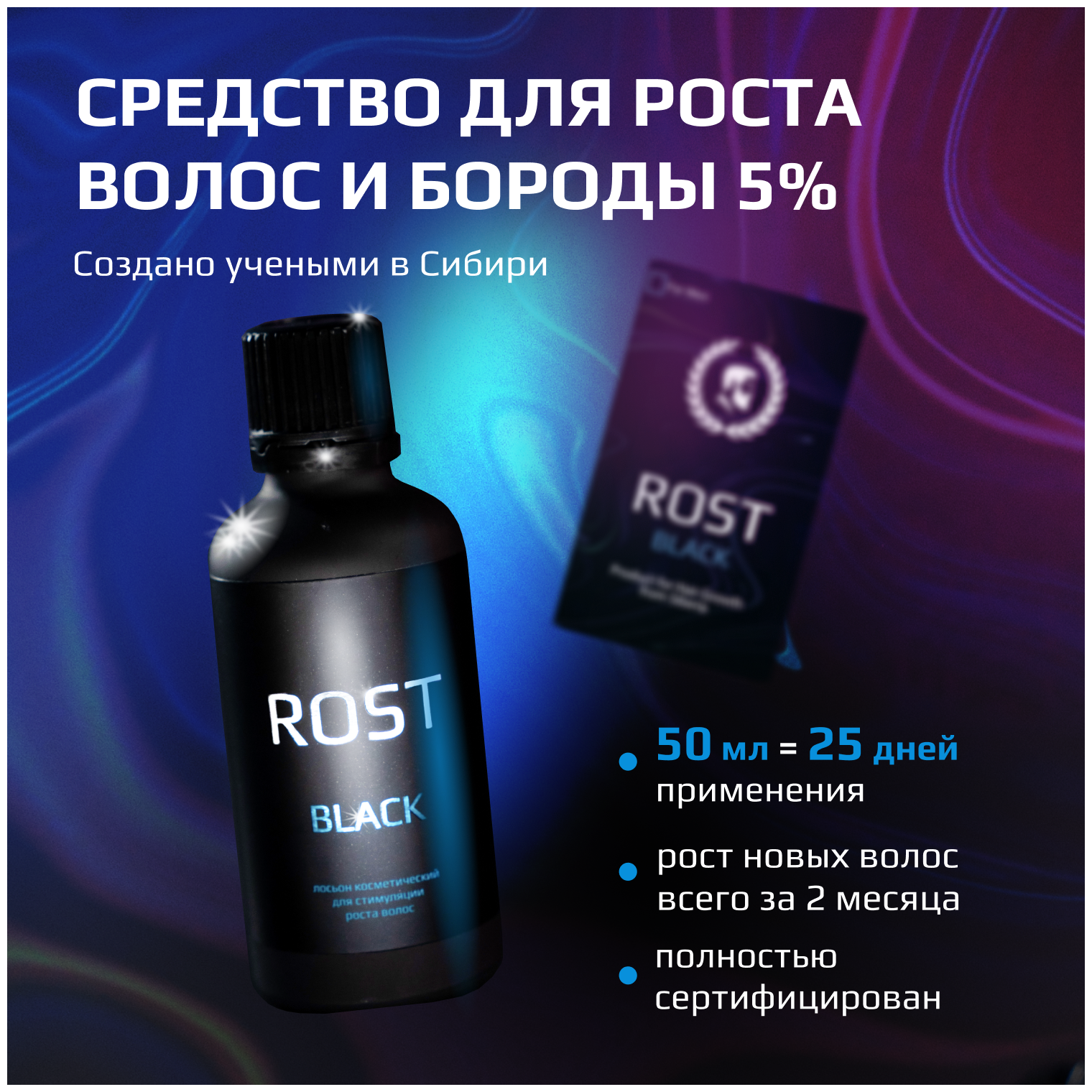 ROST BLACK 5% Средство для роста бороды волос и усов / Сыворотка против облысения у мужчин / Лосьон от выпадения волос