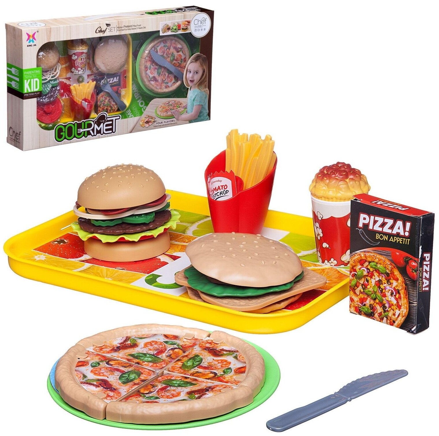 Игровой набор продуктов Гурман. Сытный обед с пиццей и бургерами в компании друзей, в коробке - Junfa Toys [WK-17345]