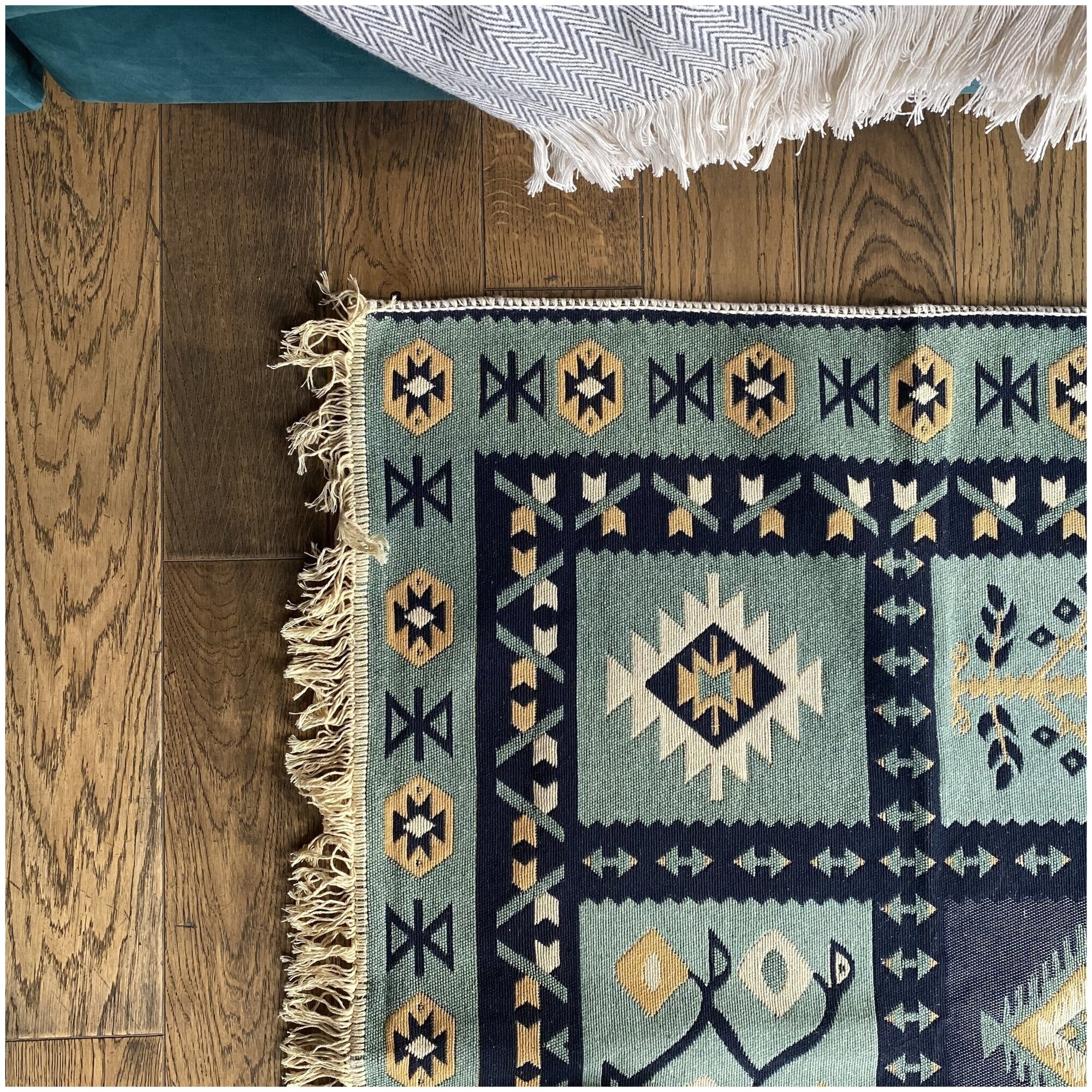 Ковровая дорожка турецкая, килим, Raty Green, 80x300 см, двусторонняя - фотография № 6