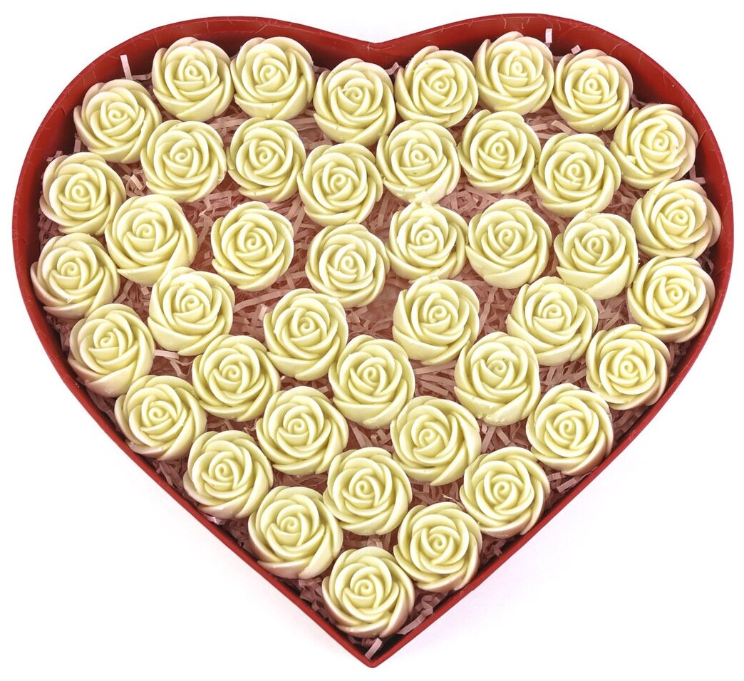 33 Шоколадные съедобные сладкие розы в форме сердца CHOCO STORY в Красной шляпной коробке с крышкой, Цвет: Белый Бельгийский шоколад, 396 гр. ZS33-K-B - фотография № 4