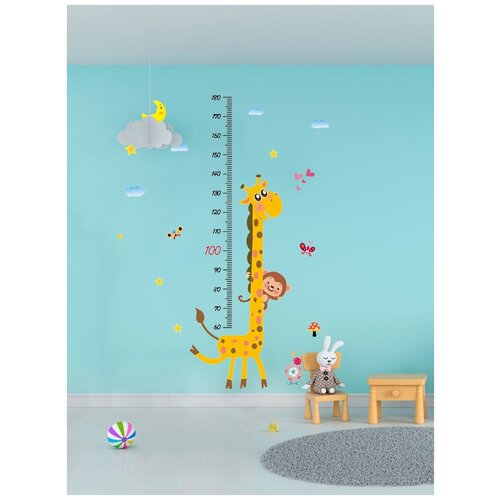Ростомер детский на стену декоративный с рисунком «Жираф и обезьянка», до 180 см, ПВХ