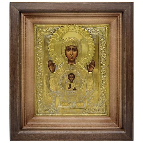 Знамение. Старинная писанная икона Божией Матери в окладе. 28 х 32 х 7 см фарфоровый киот икона божией матери владимирская 10 5 см