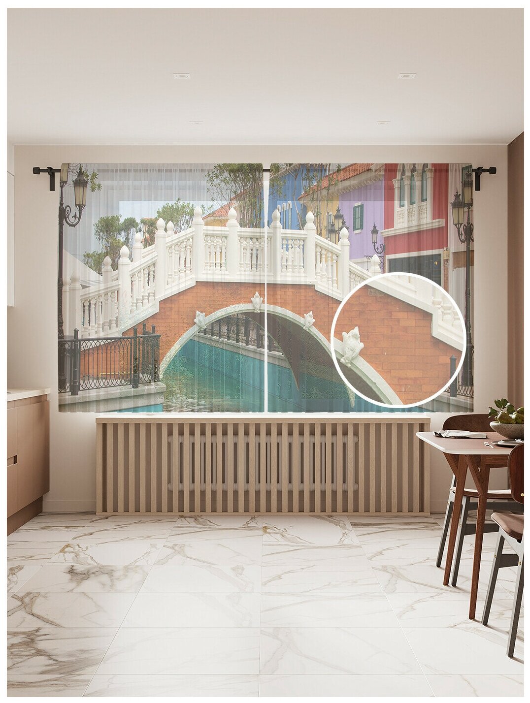 Тюль для кухни и спальни JoyArty "Пеший мост", 2 полотна со шторной лентой шириной по 145 см, высота 180 см.