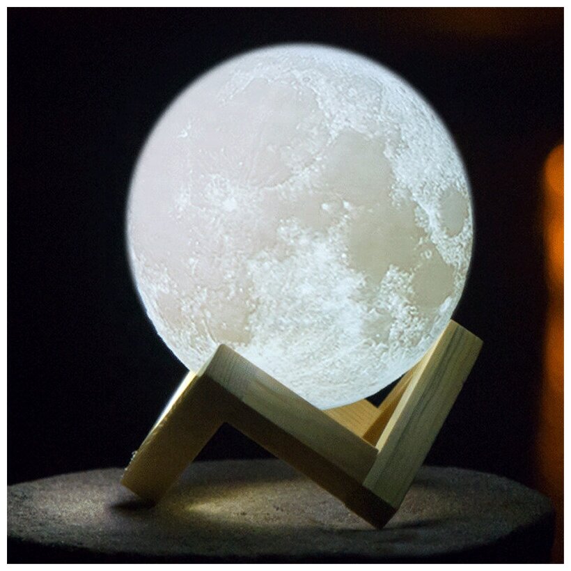 Светильник-ночник 3D шар Луна Moon Lamp на деревянной подставке без пульта, 15 см, белый - фотография № 9