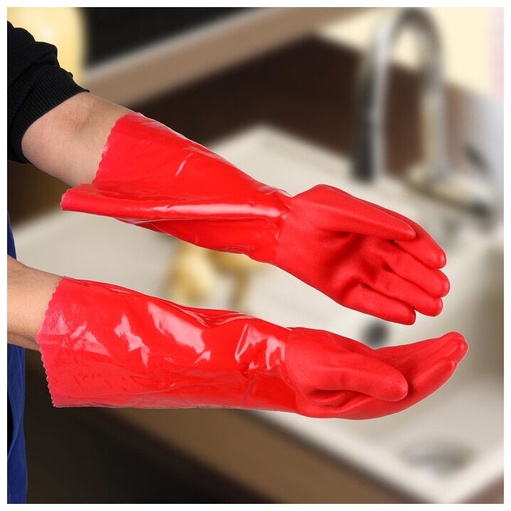 фото Перчатки хозяйственные резиновые с утеплителем, размер L, длинные манжеты, 140 гр, цвет красный