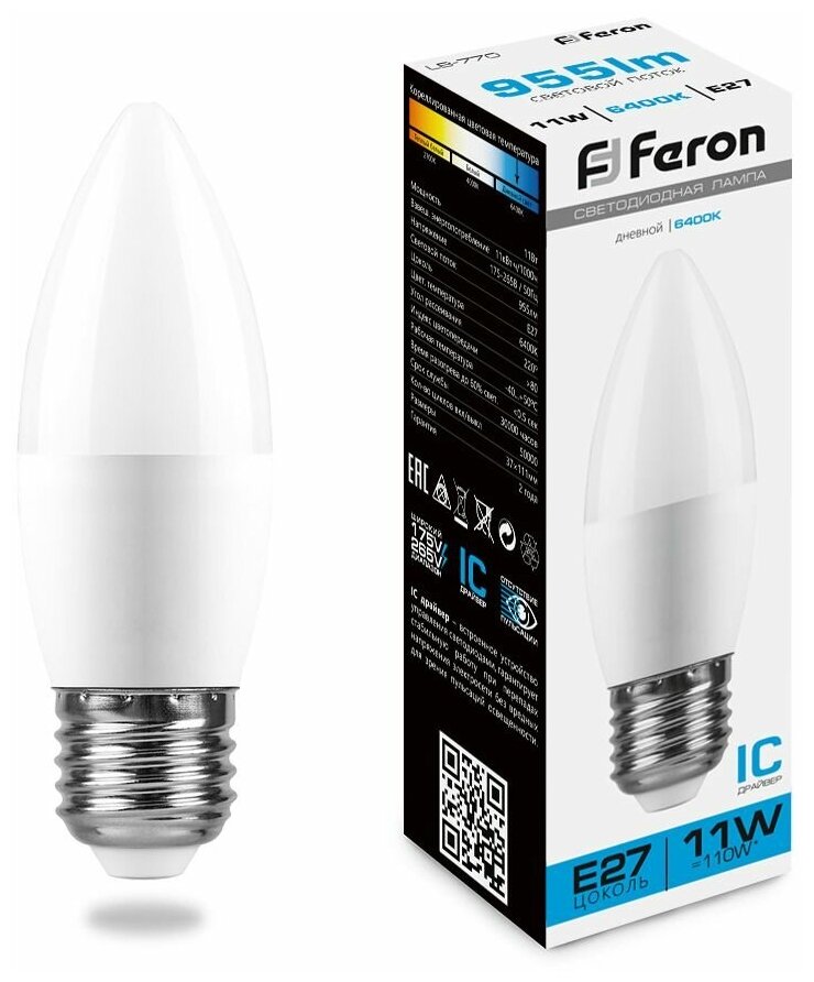 Лампа светодиодная Feron LB-770 Свеча E27 11W 6400K
