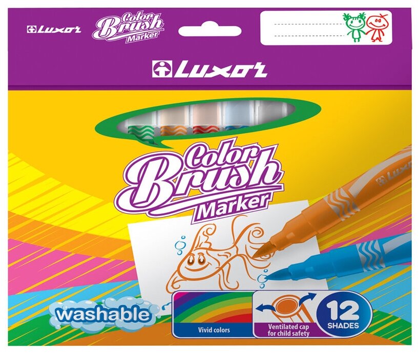 Набор фломастеров-кисточек 12 цветов Luxor Color Brush (линия 1-2мм, смываемые) картонная упаковка (6106/Box 12)