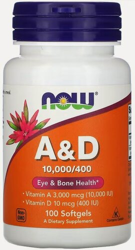 Изображение товара NOW Foods Витамин А и Д 10 000 и 400 МЕ, 100 мягких капсул (A & D)