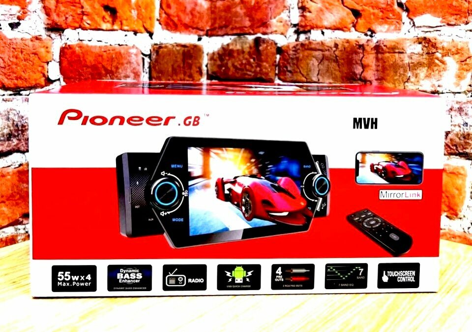 Автомагнитола Pioneer.GB 1DIN с сенсорным экраном 7" Mirror Link, Bluetooth Автомагнитола с радиатором охлаждения, Магнитола в авто 6 выходов RCA. AUX, 2 USB. Пульт ДУ