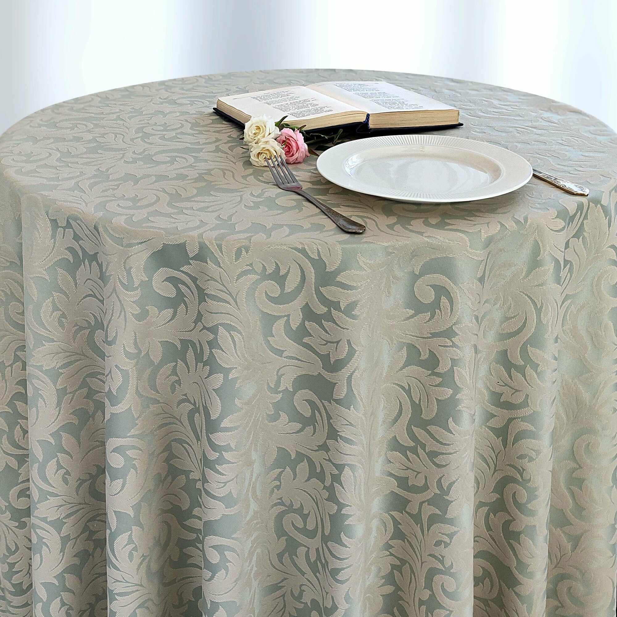 фото Скатерть d-300 см. цвет серо-бежевый узор 1828 листья с водоотталкивающей пропиткой