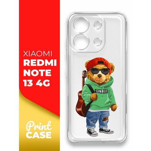 Чехол на Xiaomi Redmi Note 13 4G (Ксиоми Редми Ноте 13 4г), прозрачный силиконовый с защитой (бортиком) вокруг камер, Miuko (принт) Мишка Гитара чехол на xiaomi redmi note 13 4g ксиоми редми ноте 13 4г прозрачный силиконовый с защитой бортиком вокруг камер miuko принт мишка смартфон