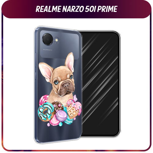 Силиконовый чехол на Realme Narzo 50i Prime / Реалми Нарзо 50i Прайм Бульдог и сладости, прозрачный силиконовый чехол на realme narzo 50i prime реалми нарзо 50i прайм пионы розово белые