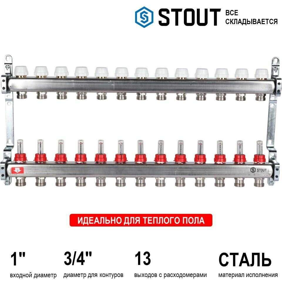 Коллектор для теплого пола Stout с с расходомерами 1x3/4 на 13 выходов (SMS-0917-000013)