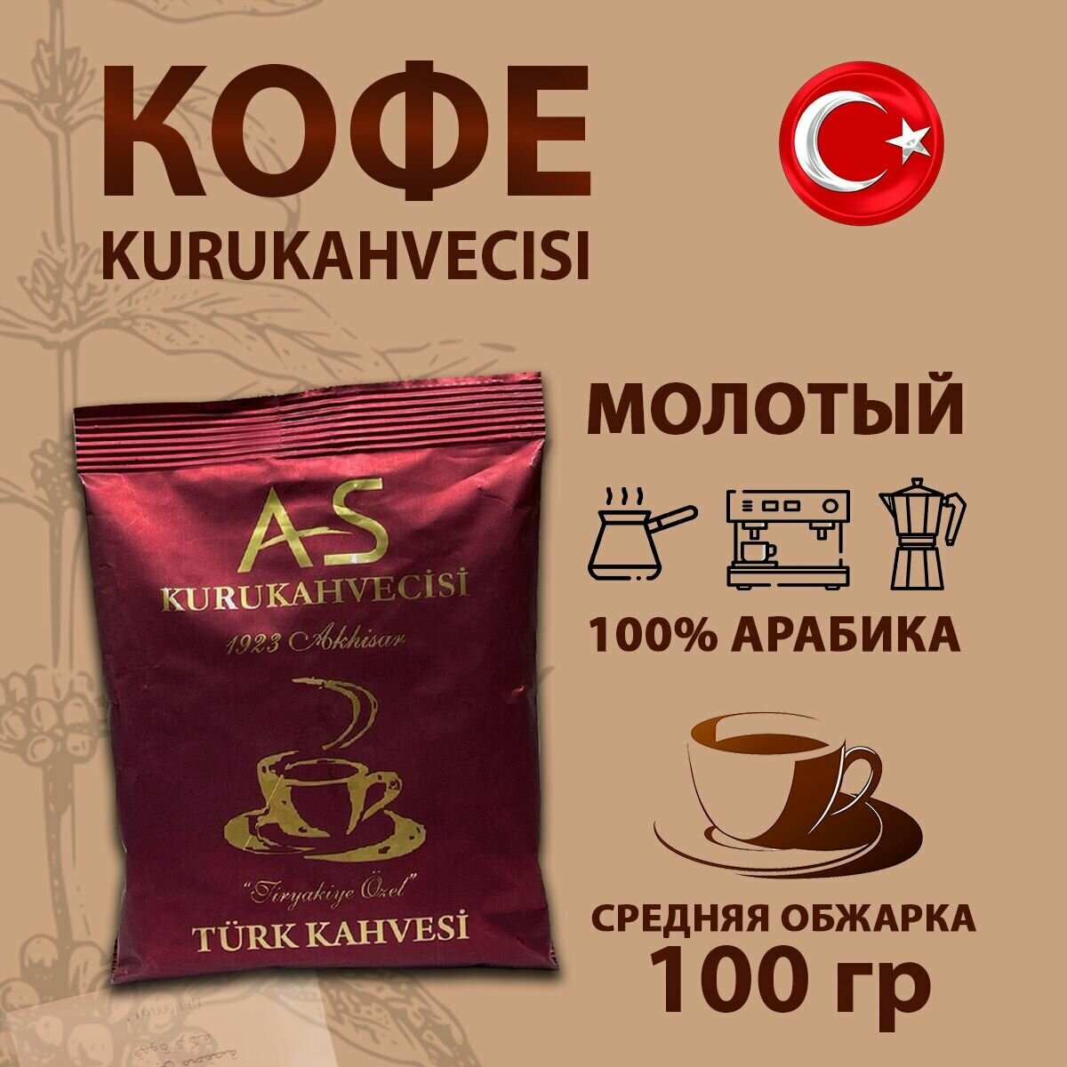 Кофе молотый турецкий мелкий помол 100% арабика AS Kurukahvecisi 100 гр