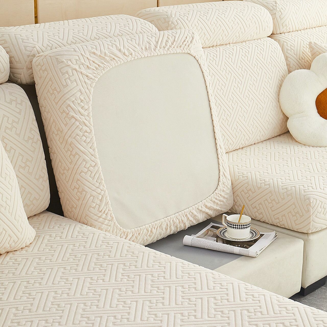 Флисовый чехол для дивана polar fleece Эластичный протектор мебели16585 светло-бежевый