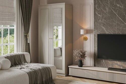 Изображение товара Шкаф распашной Миссури-2.1 МДФ Кашемир для одежды с зеркалом двухдверный 80*250*50