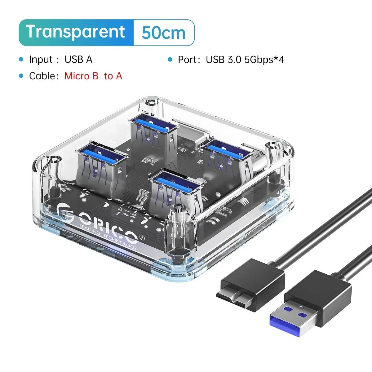 Прозрачная док-станция ORICO на 4 порта USB 3,0, высокоскоростной Разветвитель USB OTG с интерфейсом питания Micro USB, Mirco B 50CM