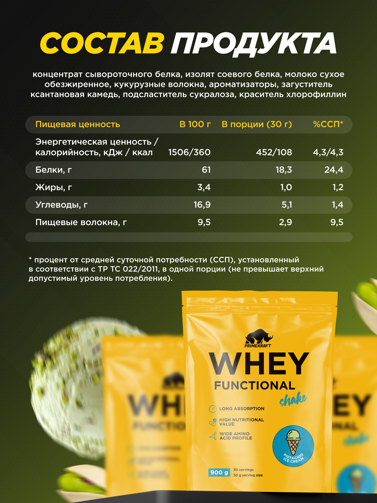 Протеин сывороточный PRIMEKRAFT Whey Functional Shake, Фисташковое мороженое, 900 гр, дой пак — фото 1