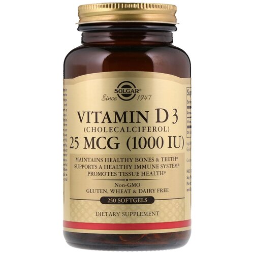 Капсулы SOLGAR Vitamin D3 (Cholecalciferol) 1000 МЕ, 640 г, 1000 ME, 250 шт.