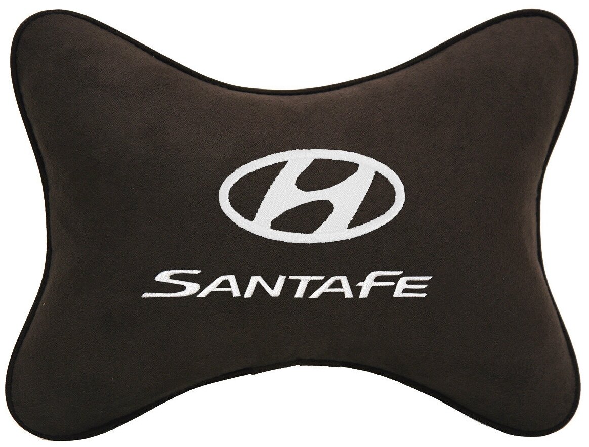 Автомобильная подушка на подголовник алькантара Coffee c логотипом автомобиля Hyundai Santa Fe