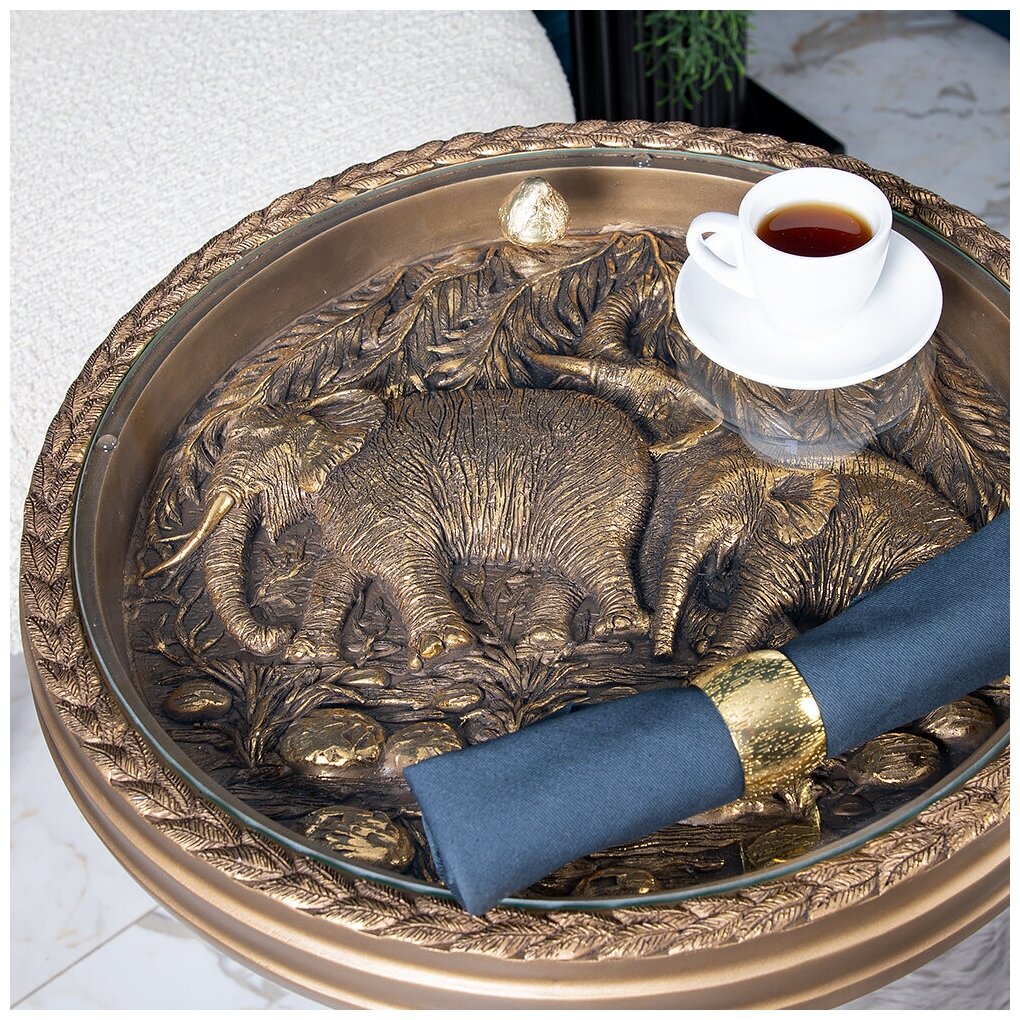Круглый журнальный кофейный столик из мрамора Bogacho Джамбо бронзовый со стеклянной столешницей ручная работа - фотография № 7