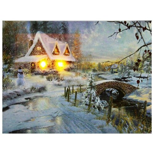 Светящаяся картина снеговик У домика, 2 тёплых белых LED-огня, 20х15 см, Peha Magic