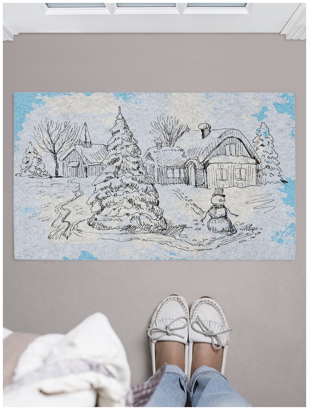 Придверный коврик в прихожую JoyArty "Снеговик у елки" для обуви, на резиновой основе, 75x45 см