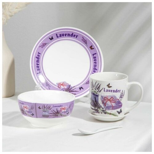 фото Набор посуды 5 пред "лаванда" тарелка 18 см, миска 12,5х7 см, кружка 300мл, ложка, подставка 53824 сима-ленд