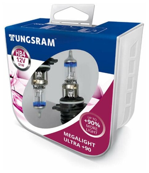 Лампа Tungsram HB4 12V 51W P22d Megalight Ultra +90 (2 штуки) 9006SXU PB2