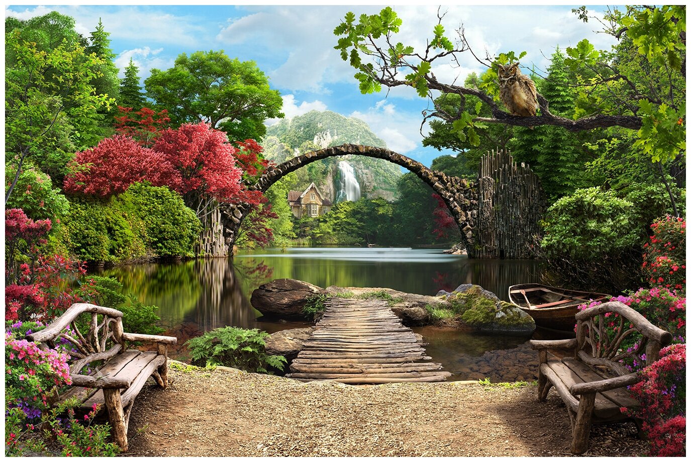 Фотообои Уютная стена "Каменный мост над озером" 410х270 см Виниловые Бесшовные (единым полотном)