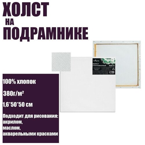 Холст на подрамнике, хлопок 100%, 1,6 х 50 х 50 см, акриловый грунт, среднезернистый, 380 г/м² холст на подрамнике театральный 30 50 среднезернистый 100% лен