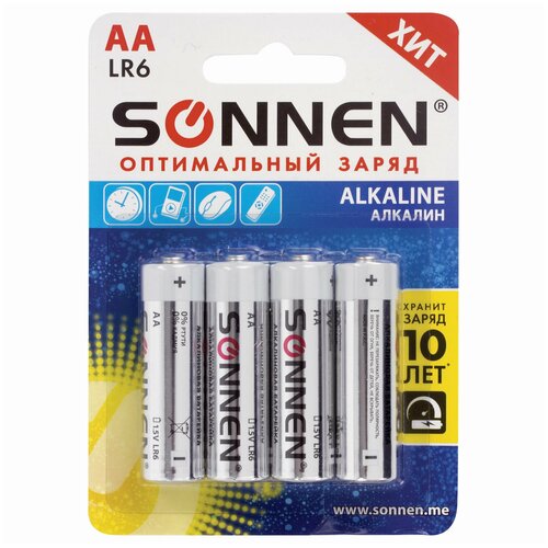 Батарейки комплект 4 шт., SONNEN Alkaline, АА (LR6, 15А), алкалиновые, пальчиковые, блистер, 451085