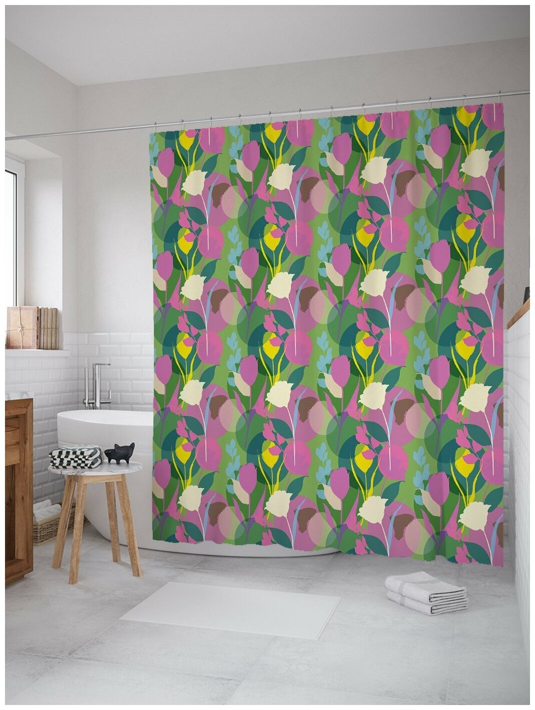 Штора водоотталкивающая для ванной, занавеска в ванную комнату тканевая JoyArty "Цветные оттиски цветов", 180х200 см