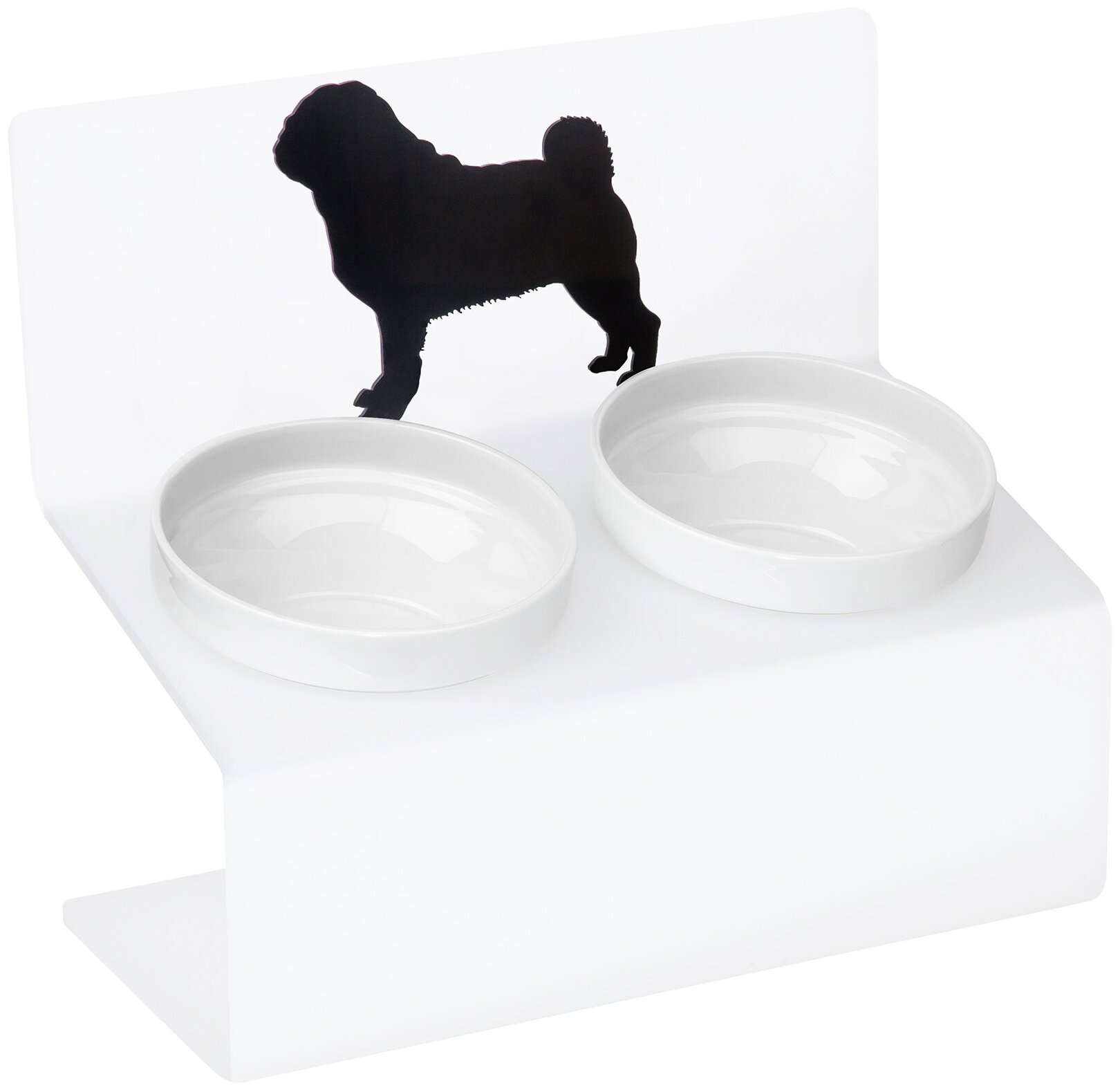 Миска для собак на подставке с наклоном Artmiska "Мопс" S двойная 2x800 мл, белая
