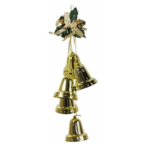 фото Подвеска из пяти колокольчиков с листиками и лентами, золотая, 45 см, snowhouse