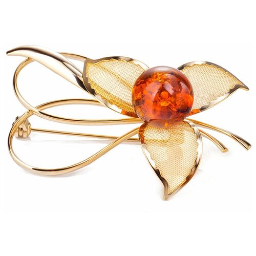 Amberholl Красивая позолоченная брошь, украшенная натуральным балтийским коньячным янтарём Beoluna