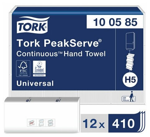 Полотенца бумажные 410 шт, TORK (Система H5) PeakServe, Universal, комплект 12 шт, 22,5x20 см, W, 100585